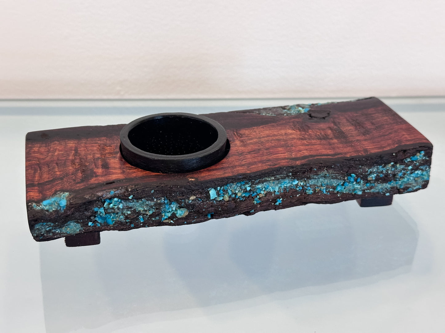 Handmade Koa Wood Ikebana (Japanese Style Vase) with Bark Inclusion and Turquoise Gemstone Inlay, Wood Ikebana, Made in Hawaii