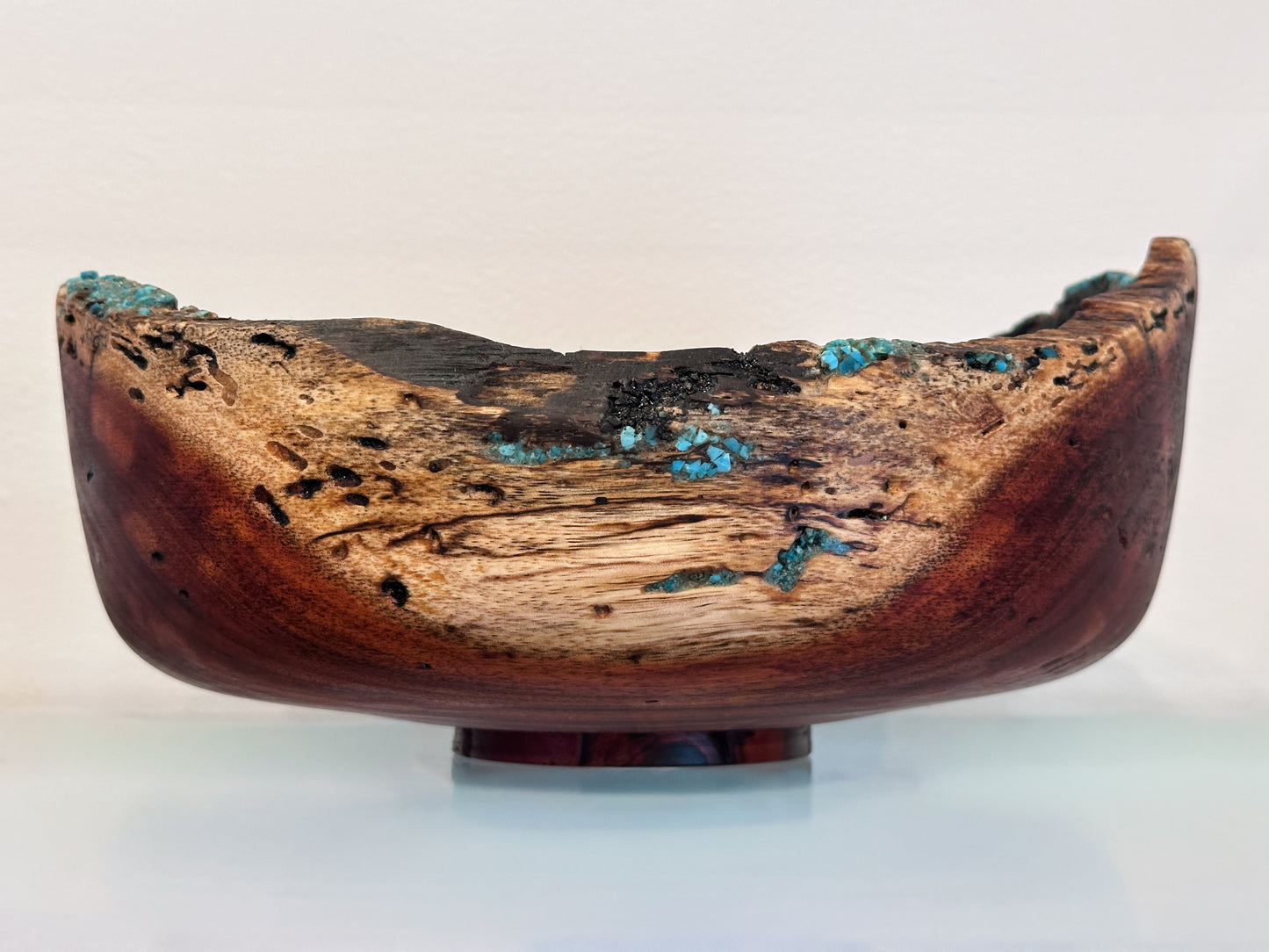 Hand-carved, natural edge Koa wood bowl with turquoise and anthracite kintsugi stone detailing, Handmade in Hawaii by Llosh Winne