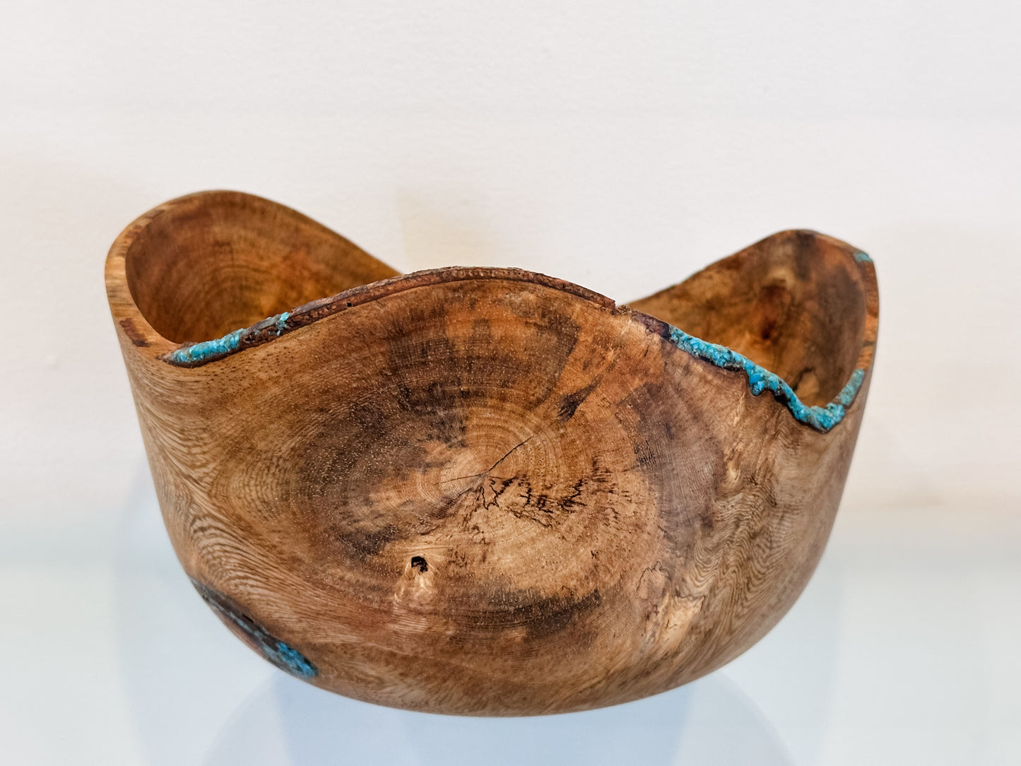 Banyan Wood Bowl, Decorated with Turquoise Gemstone Inlay, Handmade in Hawaii