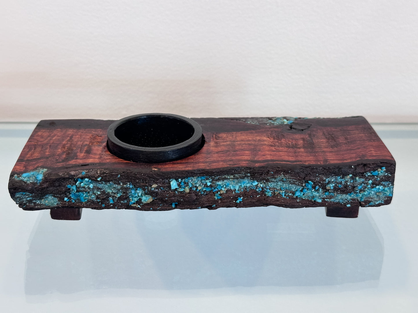 Handmade Koa Wood Ikebana (Japanese Style Vase) with Bark Inclusion and Turquoise Gemstone Inlay, Wood Ikebana, Made in Hawaii