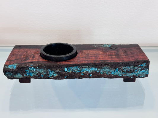 Handmade Koa Wood Ikebana (Japanese Style Vase) with Bark Inclusion and Turquoise Gemstone Inlay, Wood Ikebana, Made in Hawaii