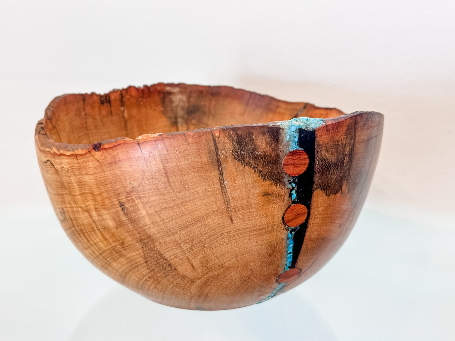 Hawaiian Lama Wood Bowl, Hand-turned in Hawaii, with Turquoise and Anthracite Inlay, Food Safe