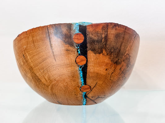 Hawaiian Lama Wood Bowl, Hand-turned in Hawaii, with Turquoise and Anthracite Inlay, Food Safe