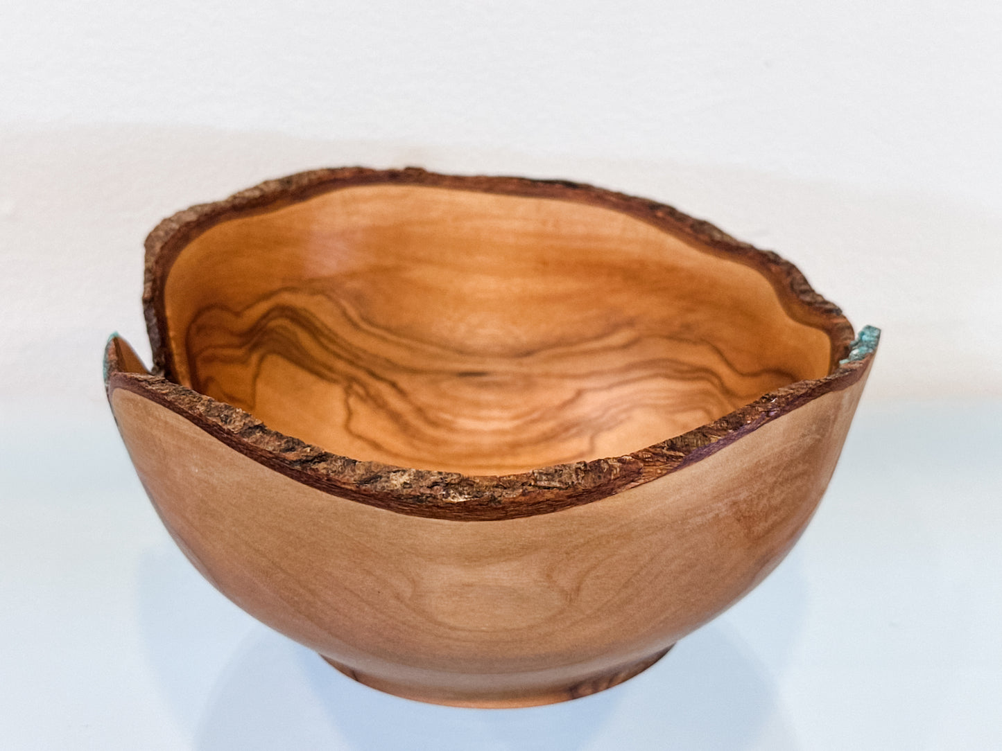 Handmade, Natural Edge Olive Wood Bowl with Turquoise Gemstone Inlay
