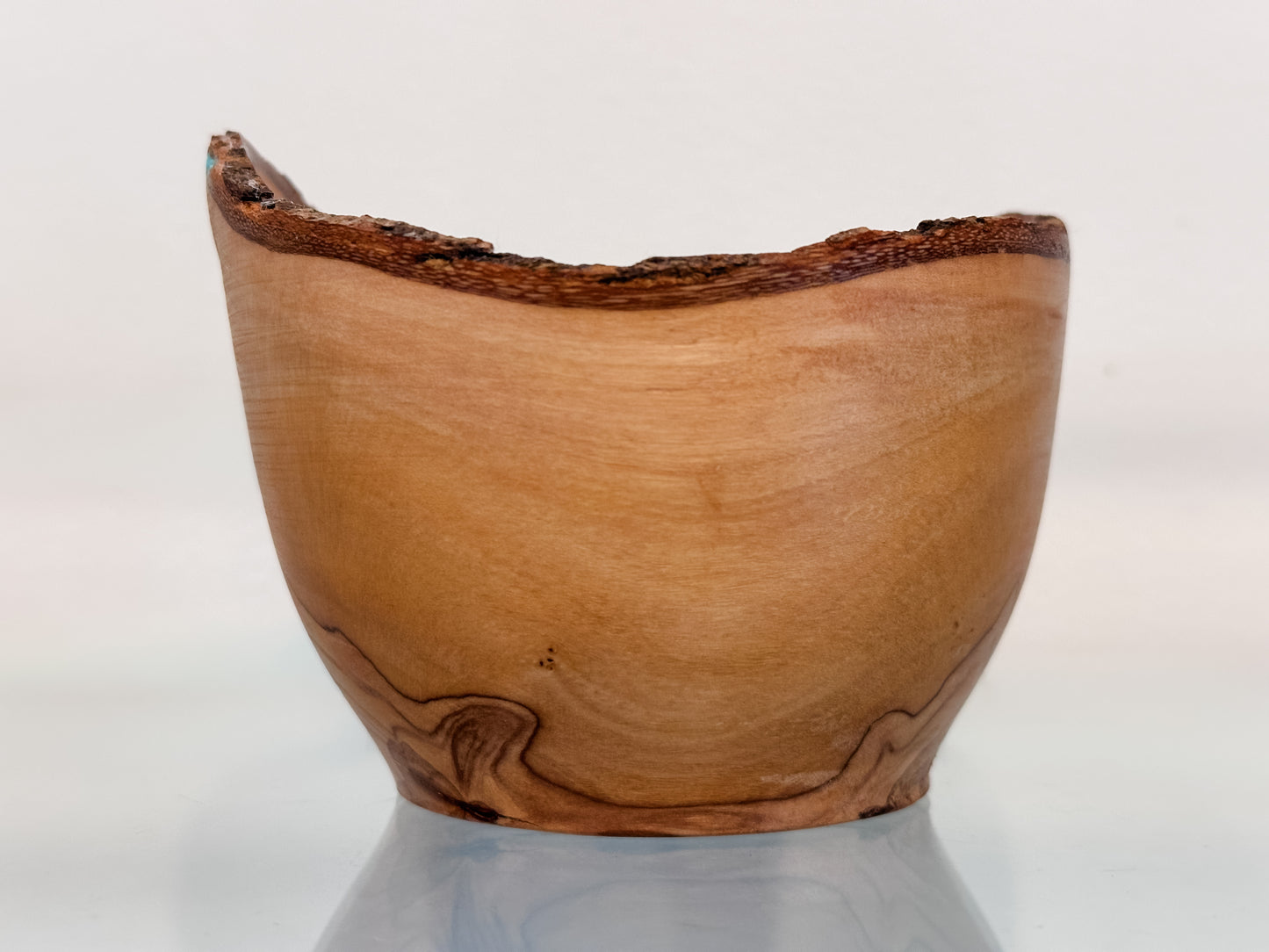 Small, Handmade, Natural Edge Olive Wood Bowl with Turquoise Gemstone Inlay
