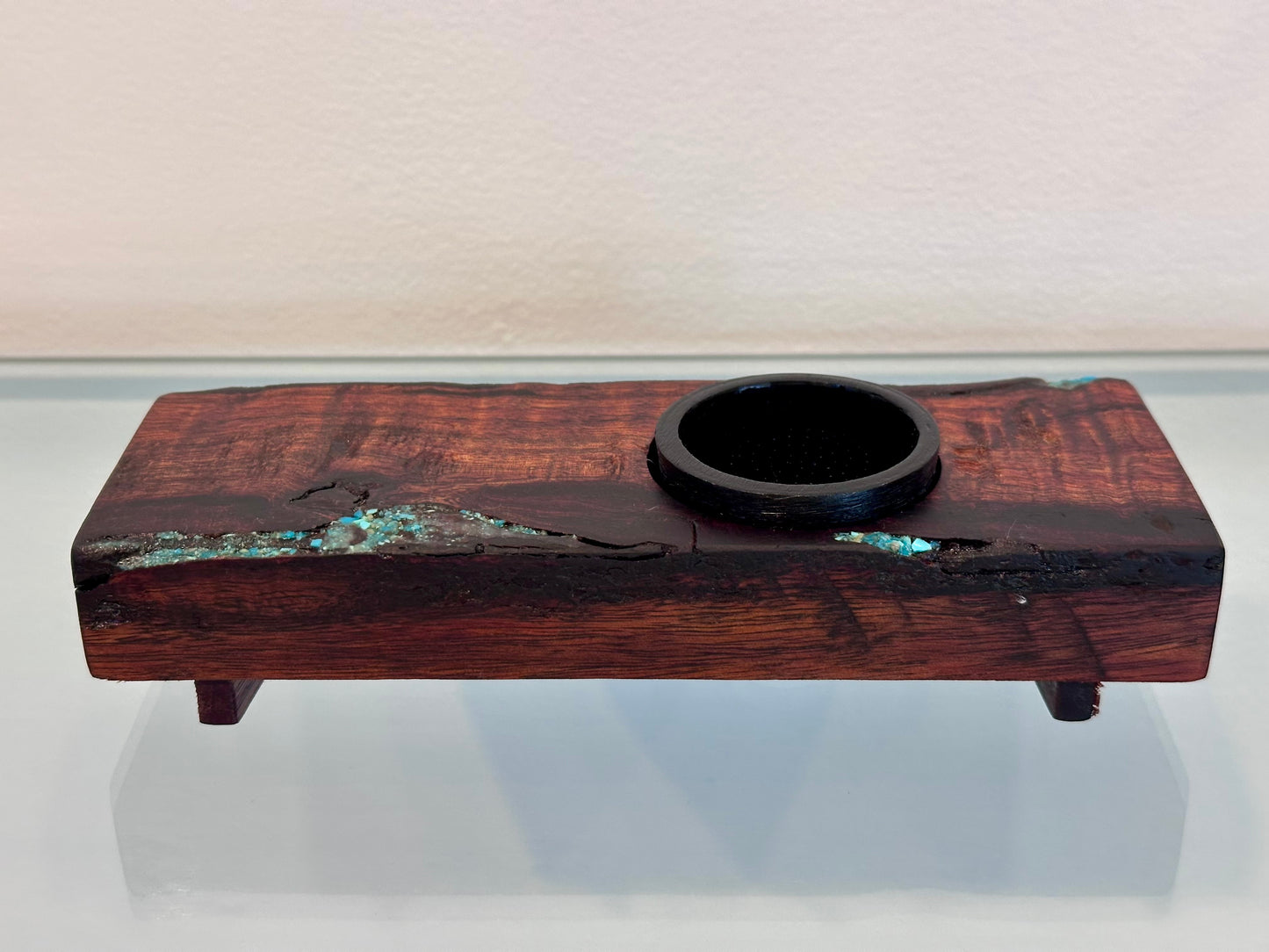 Handmade Koa Wood Ikebana (Japanese Style Vase) with Bark Inclusion and Turquoise Gemstone Inlay, Wood Ikebana, Made in Hawaii