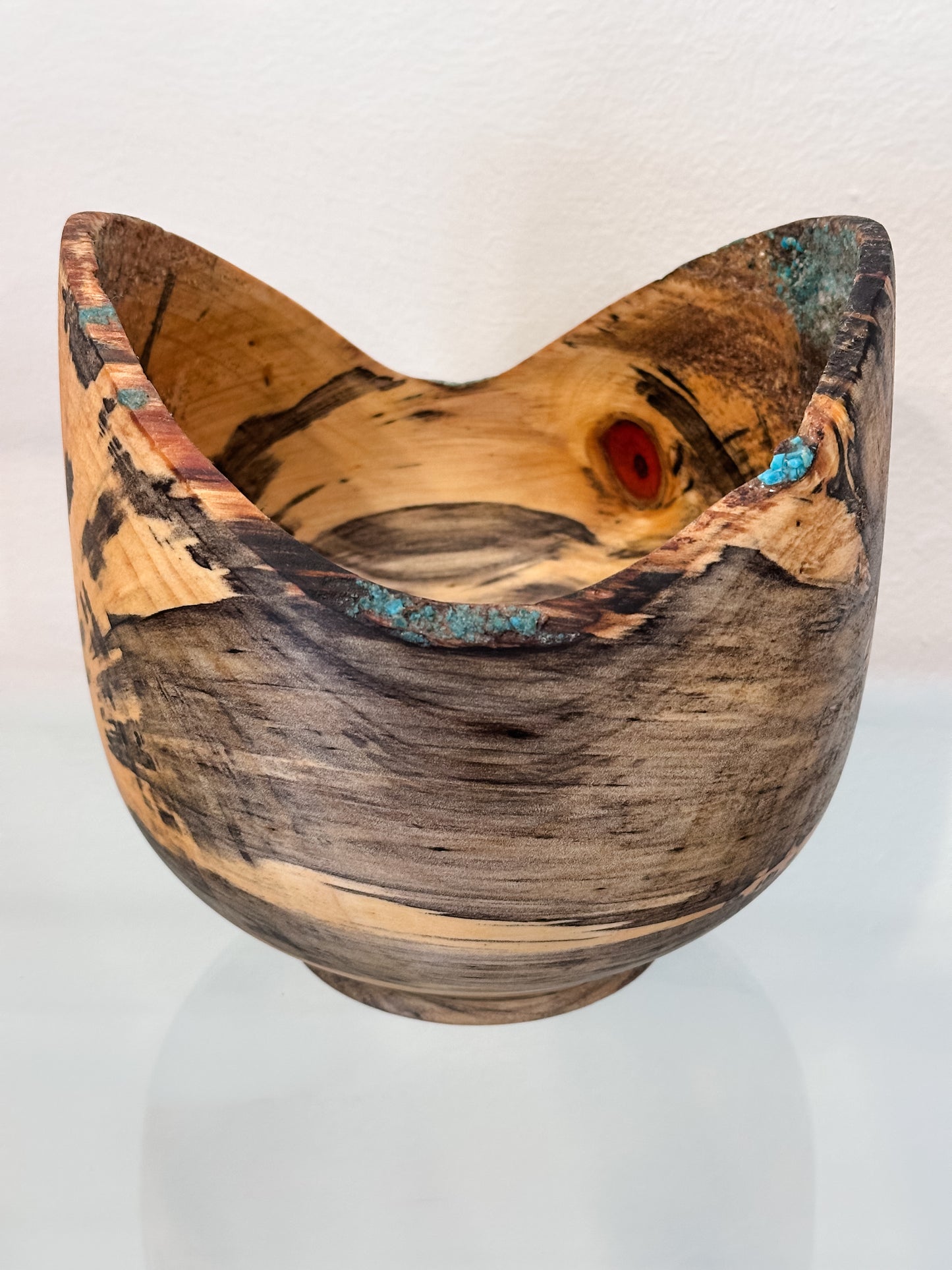 Hand-turned Norfolk Pine Wood Bowl, Handmade in Hawaii, with Turquoise Inlay