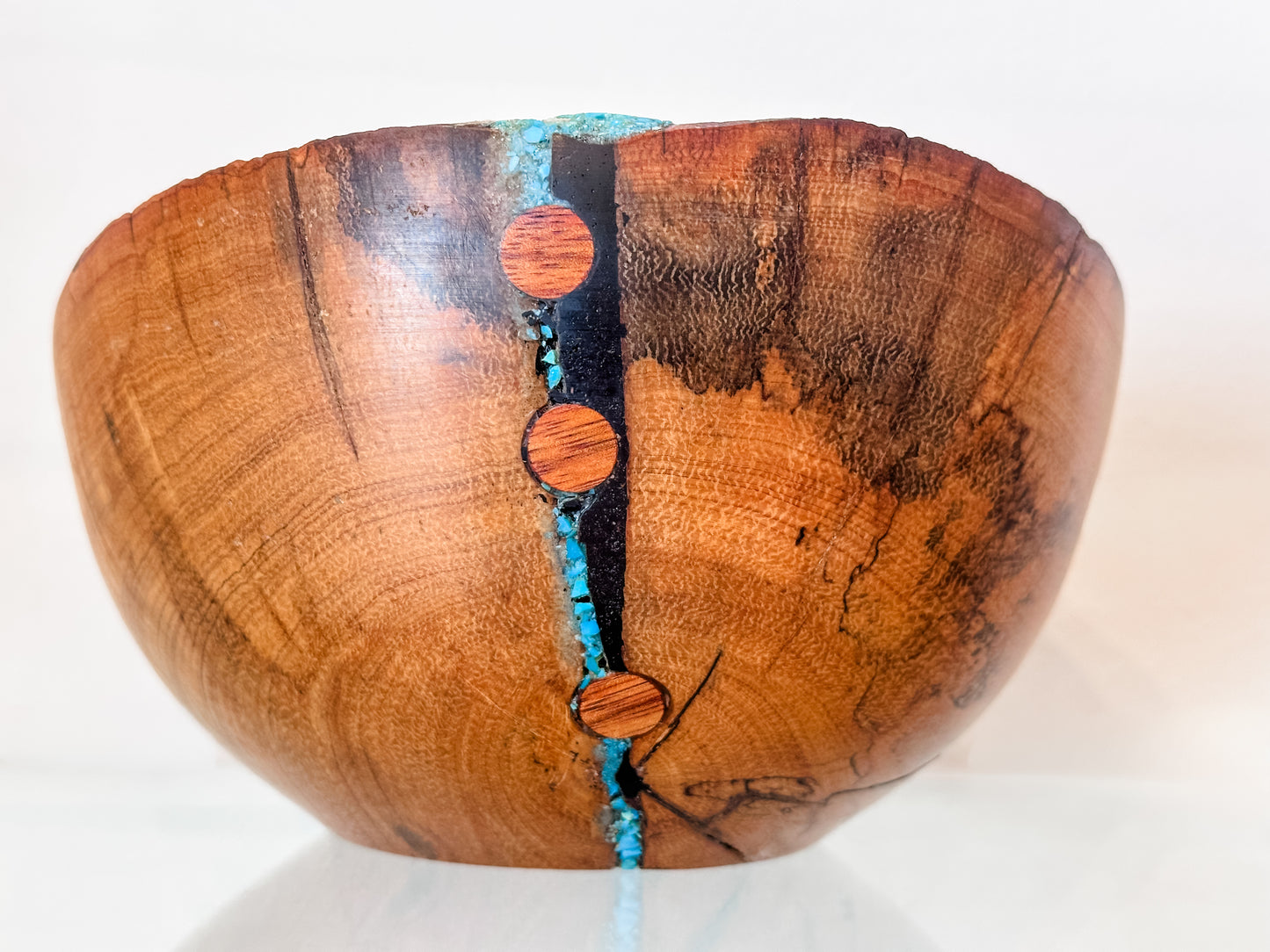 Hawaiian Lama Wood Bowl, Hand-turned in Hawaii, with Turquoise and Anthracite Inlay, Food Safe