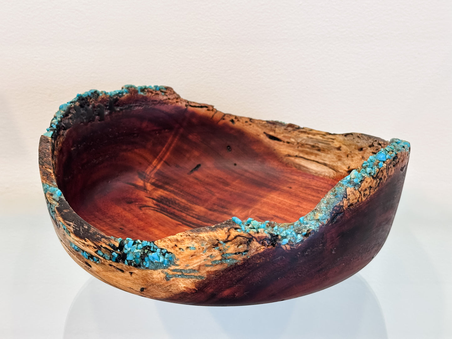 Hand-carved, natural edge Koa wood bowl with turquoise and anthracite kintsugi stone detailing, Handmade in Hawaii by Llosh Winne