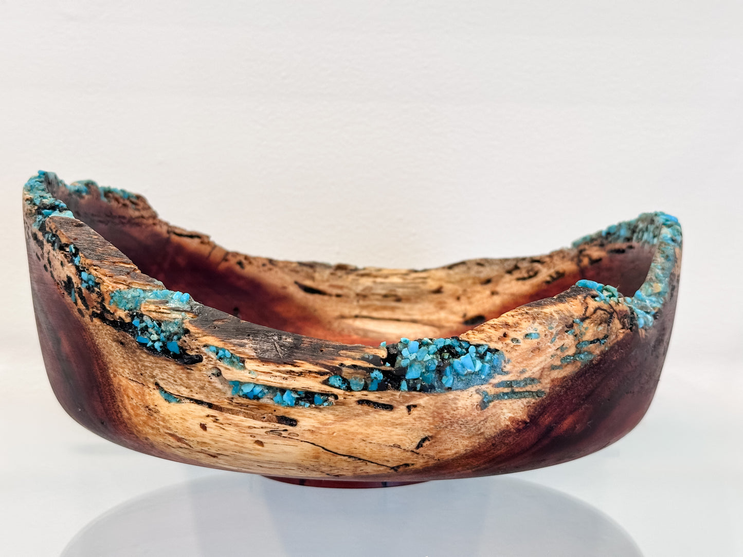 Hand-carved, natural edge Koa wood bowl with turquoise and anthracite kintsugi stone detailing, Handmade in Hawaii by Llosh Winne