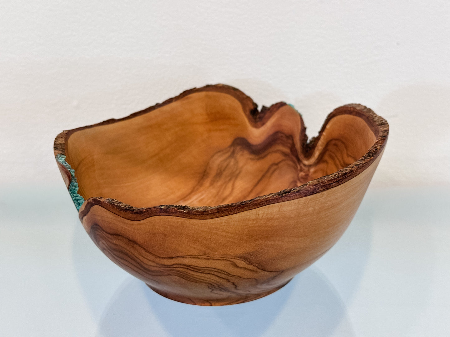 Handmade, Natural Edge Olive Wood Bowl with Turquoise Gemstone Inlay