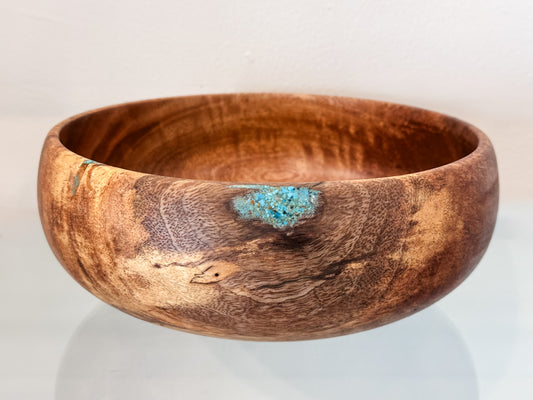 Hand-Turned Mango Wood Salad Bowl, Calabash Shape, Food Safe, Turquoise Inlay