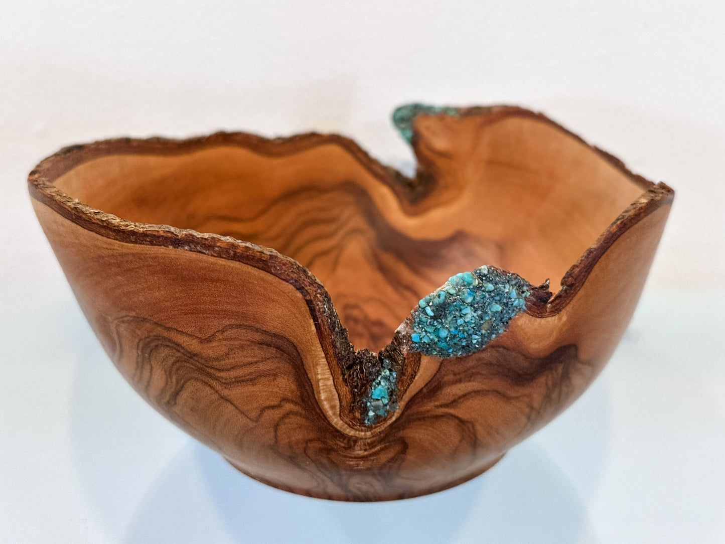 Handmade, Natural Edge Olive Wood Bowl with Turquoise Gemstone Inlay