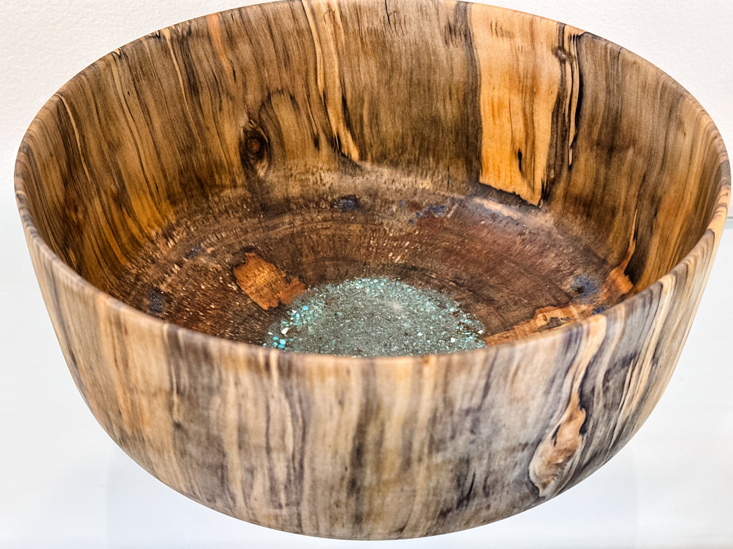 Norfolk Pine Wood Bowl with Turquoise and Lapis Lazuli Gemstone Inlay, Handmade in Hawaii, Food Safe, Organic Finishes