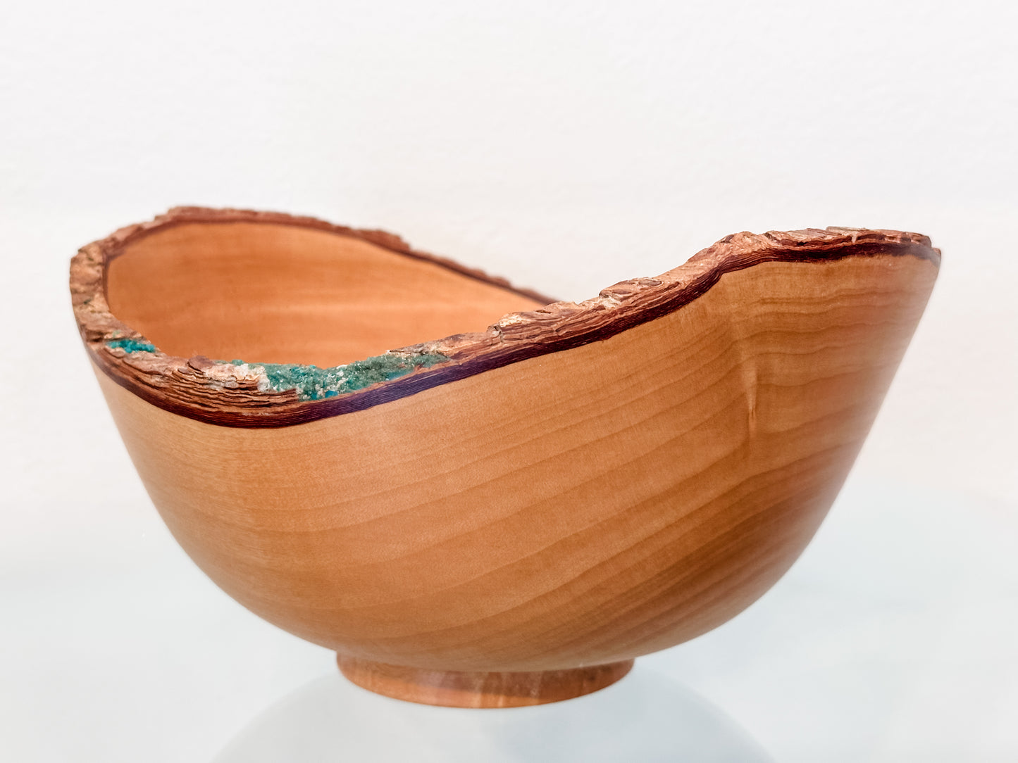 Jacaranda Wood Bowl with Live Edge Bark Inclusion and Turquoise Gemstone Inlay, Handmade in Hawaii, Organic