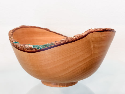 Jacaranda Wood Bowl with Live Edge Bark Inclusion and Turquoise Gemstone Inlay, Handmade in Hawaii, Organic