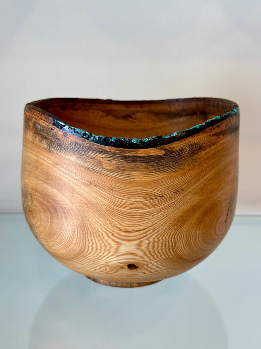 Banyan wood bowl, Decorated with turquoise gemstone and Alaskan Anthracite inlay, Handmade in Hawaii by Llosh Winne