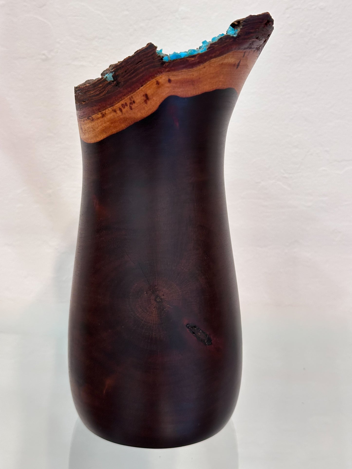 Handmade Milo Wood Vase with Turquoise Gemstone Inlay, Handmade in Hawaii