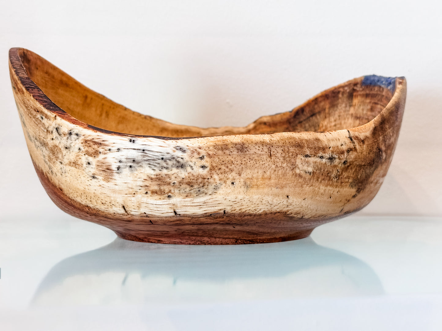 Handturned Natural Edge Earpod Wood Bowl with Lapis Lazuli, Handmade in Hawaii
