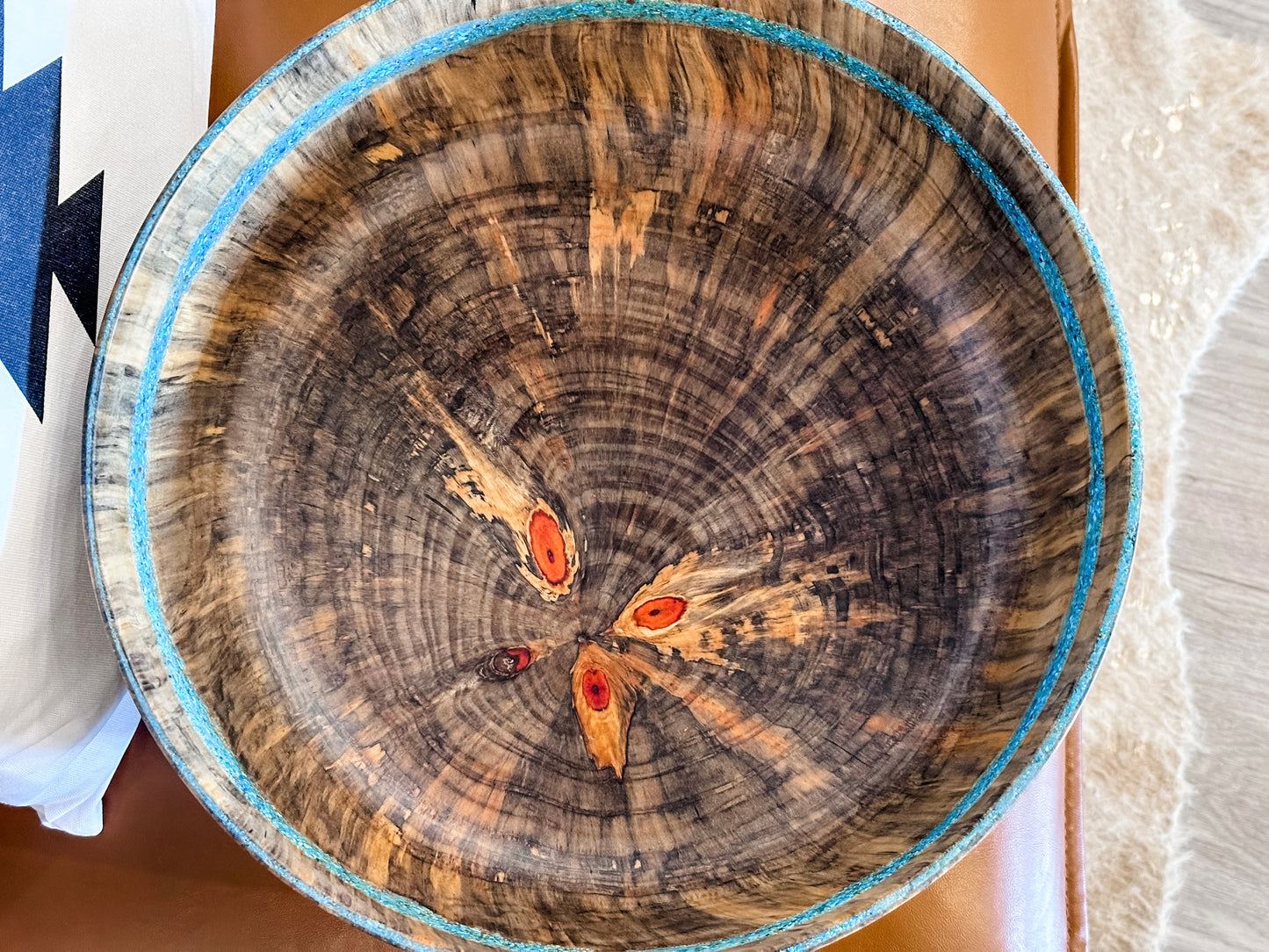 Norfolk Pine Wood Bowl with Turquoise Gemstone Inlay, Handmade in Hawaii, Food Safe, Organic Finishes
