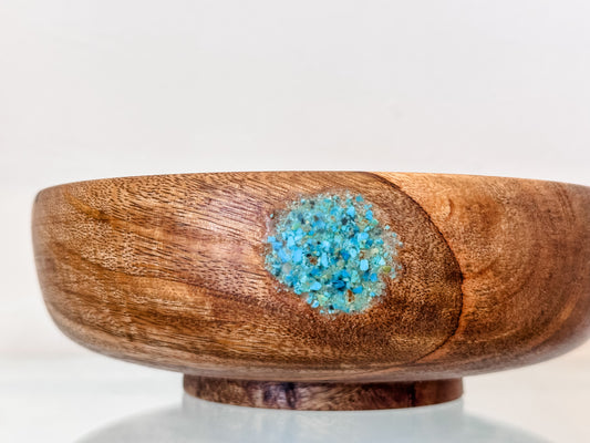 Hand-turned Mango Wood Bowl, Food Safe, Organic Finishes, Turquoise Inlay