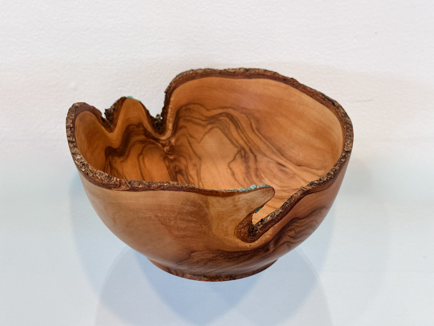 Handmade, Natural Edge Olive Wood Bowl with Turquoise Gemstone Inlay