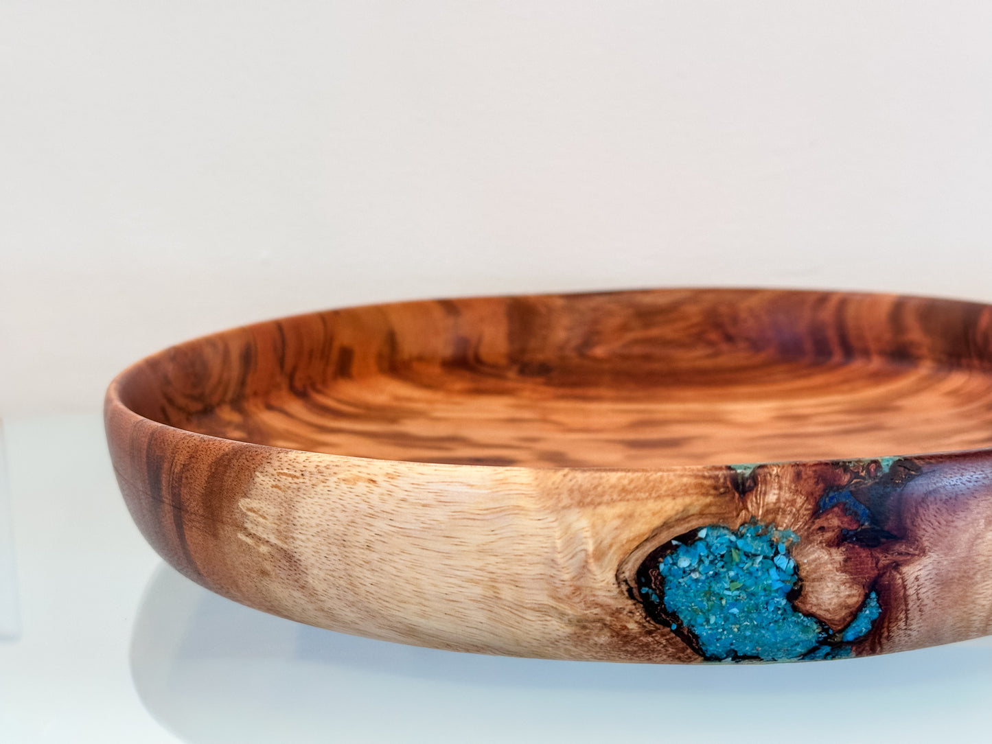 Handmade Koa Wood Bowl with Turquoise and Lapis Lazuli Inlay