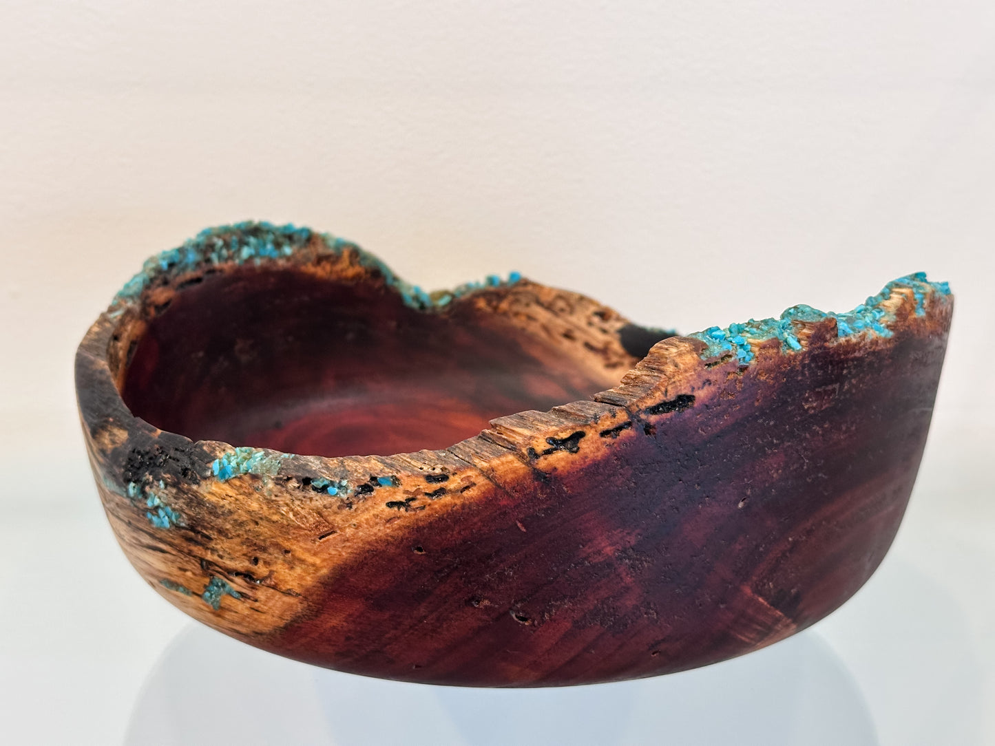 Hand-carved, natural edge Koa wood bowl with turquoise and anthracite kintsugi stone detailing, Handmade in Hawaii by Llosh Winne