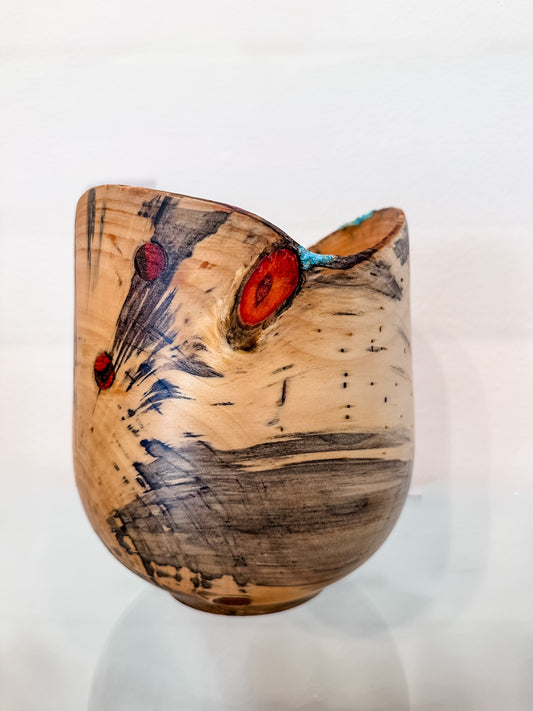 Handmade Vase-Shaped Norfolk Pine Wood Bowl with Turquoise Inlay Detail, Organic Finishes