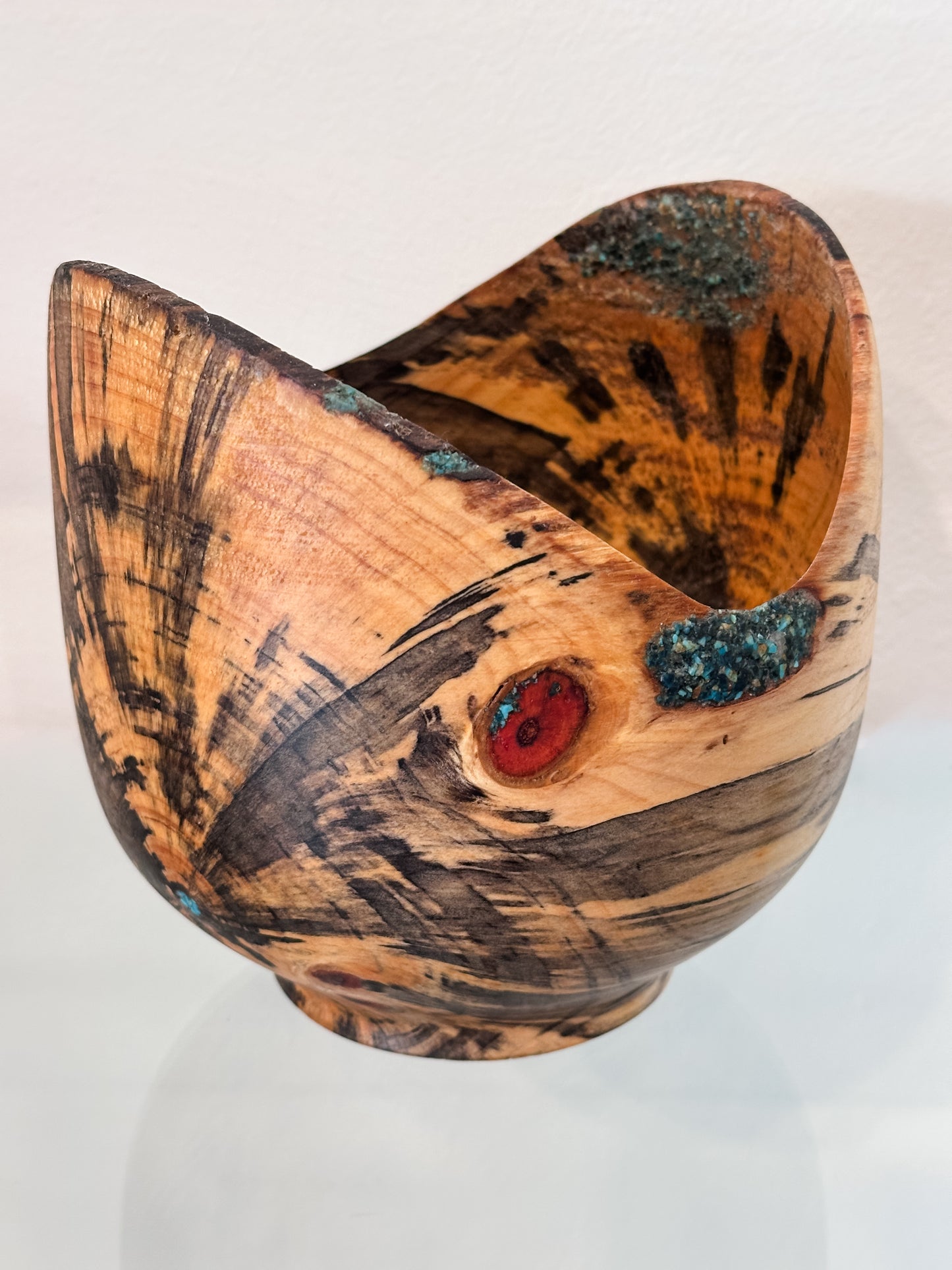 Hand-turned Norfolk Pine Wood Bowl, Handmade in Hawaii, with Turquoise Inlay