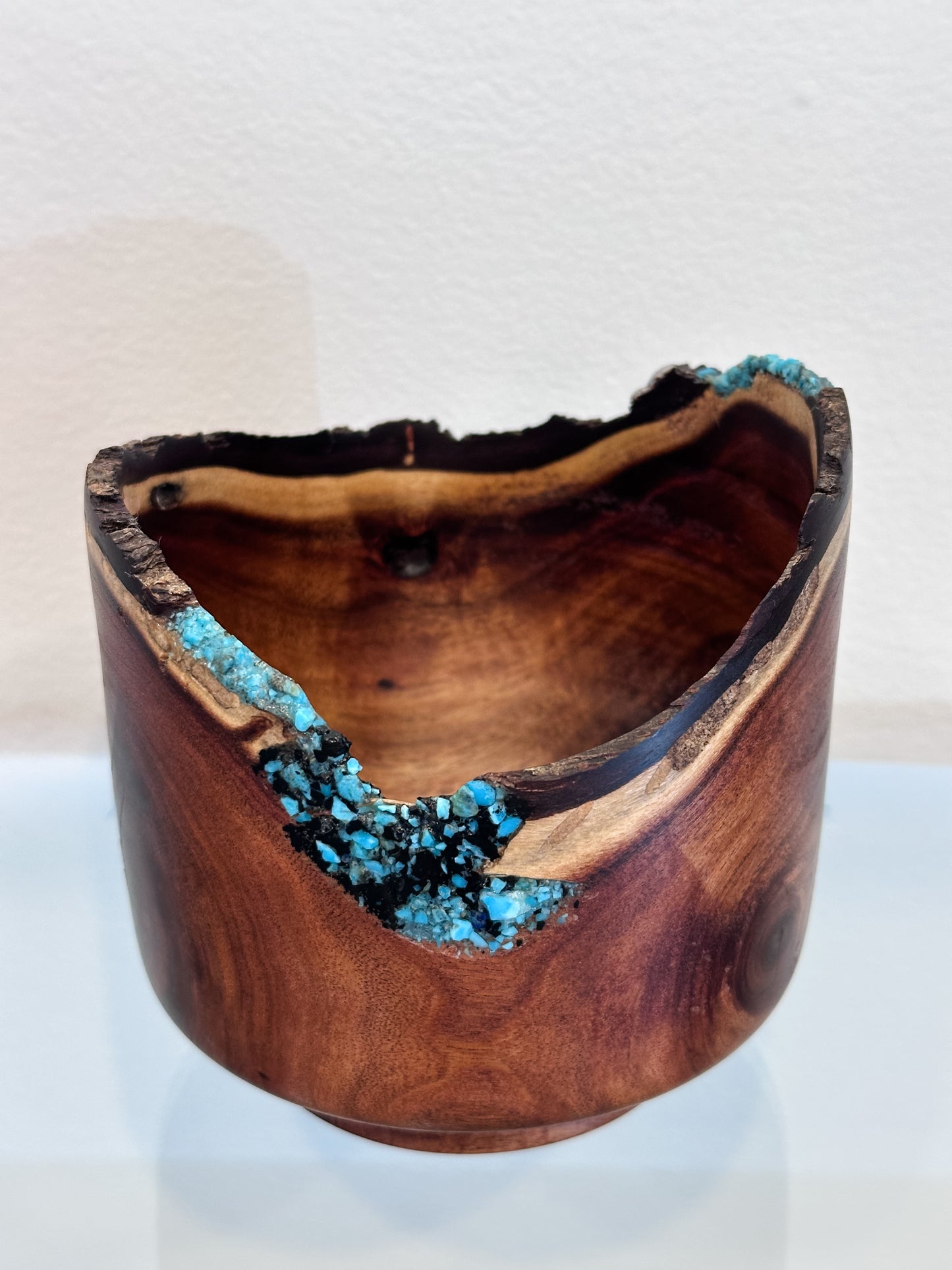 Small Koai’a Wood Bowl with Natural Edge and Turquoise and Anthracite Inlay