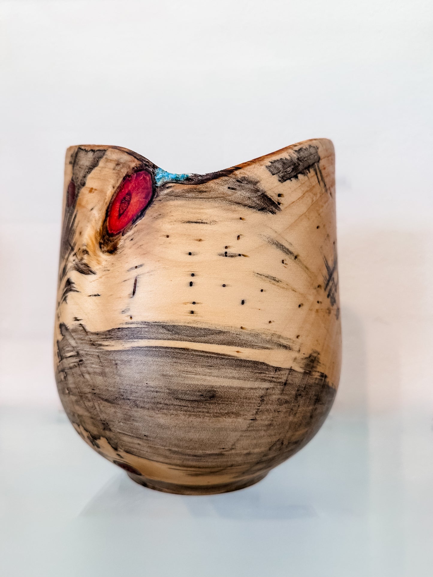 Handmade Vase-Shaped Norfolk Pine Wood Bowl with Turquoise Inlay Detail, Organic Finishes