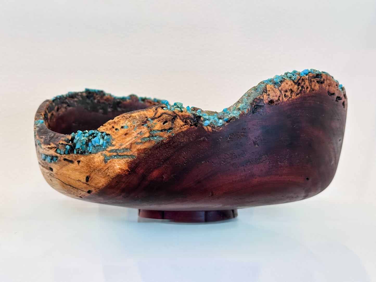 Hand-carved, natural edge Koa wood bowl with turquoise and anthracite kintsugi stone detailing, Handmade in Hawaii by Llosh Winne