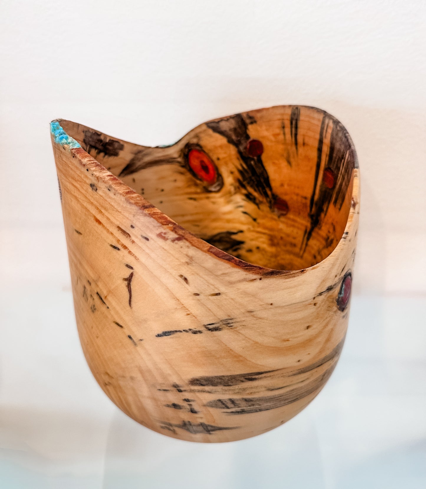 Handmade Vase-Shaped Norfolk Pine Wood Bowl with Turquoise Inlay Detail, Organic Finishes