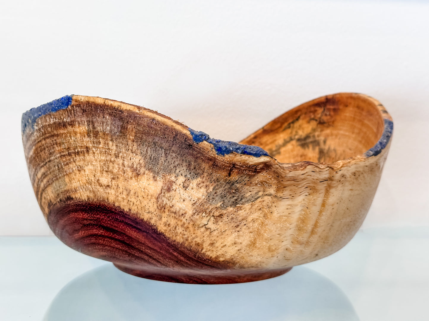 Handturned Natural Edge Earpod Wood Bowl with Lapis Lazuli, Handmade in Hawaii
