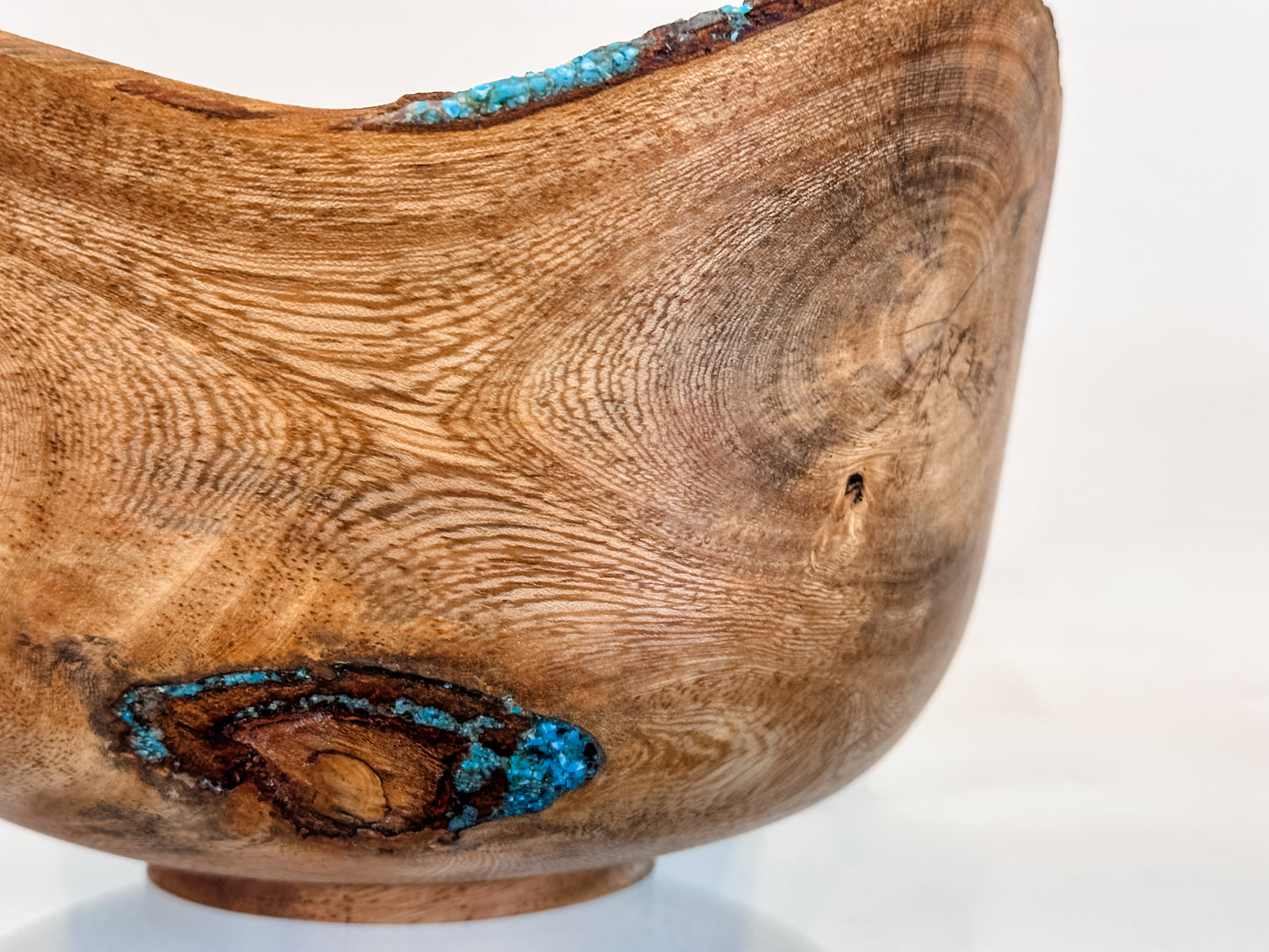 Banyan Wood Bowl, Decorated with Turquoise Gemstone Inlay, Handmade in Hawaii