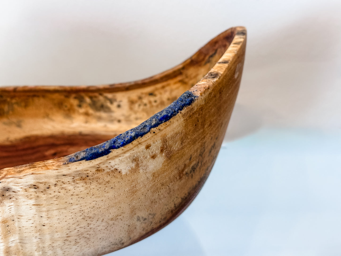 Handturned Natural Edge Earpod Wood Bowl with Lapis Lazuli, Handmade in Hawaii
