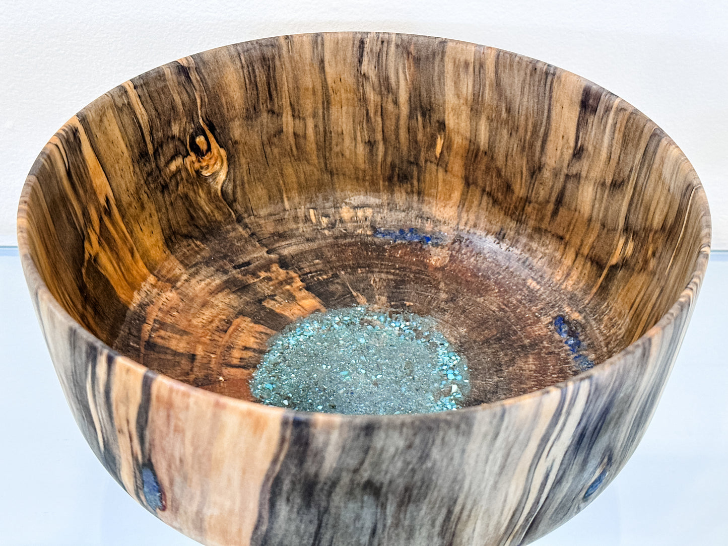 Norfolk Pine Wood Bowl with Turquoise and Lapis Lazuli Gemstone Inlay, Handmade in Hawaii, Food Safe, Organic Finishes