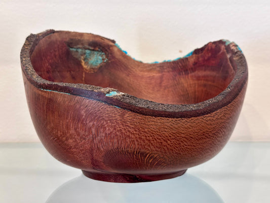 Natural Edge Artisanal Macadamia Nut Wood Bowl with Bark Inclusion and Turquoise Inlay