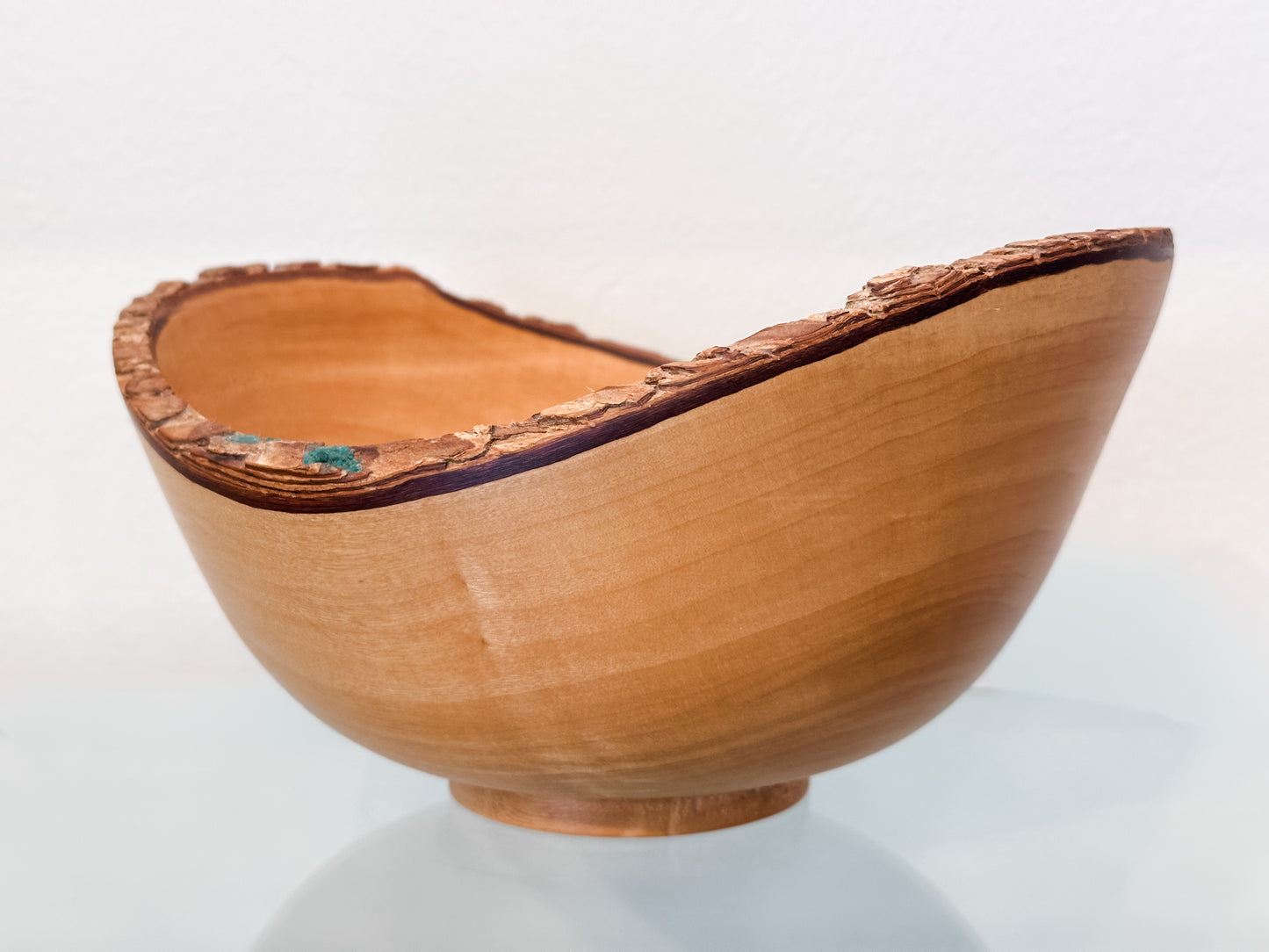 Jacaranda Wood Bowl with Live Edge Bark Inclusion and Turquoise Gemstone Inlay, Handmade in Hawaii, Organic