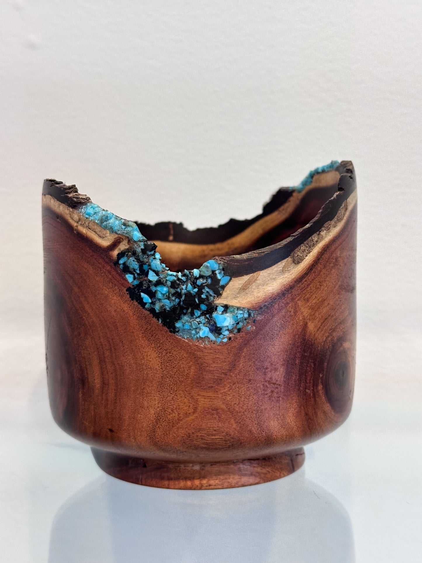Small Koai’a Wood Bowl with Natural Edge and Turquoise and Anthracite Inlay