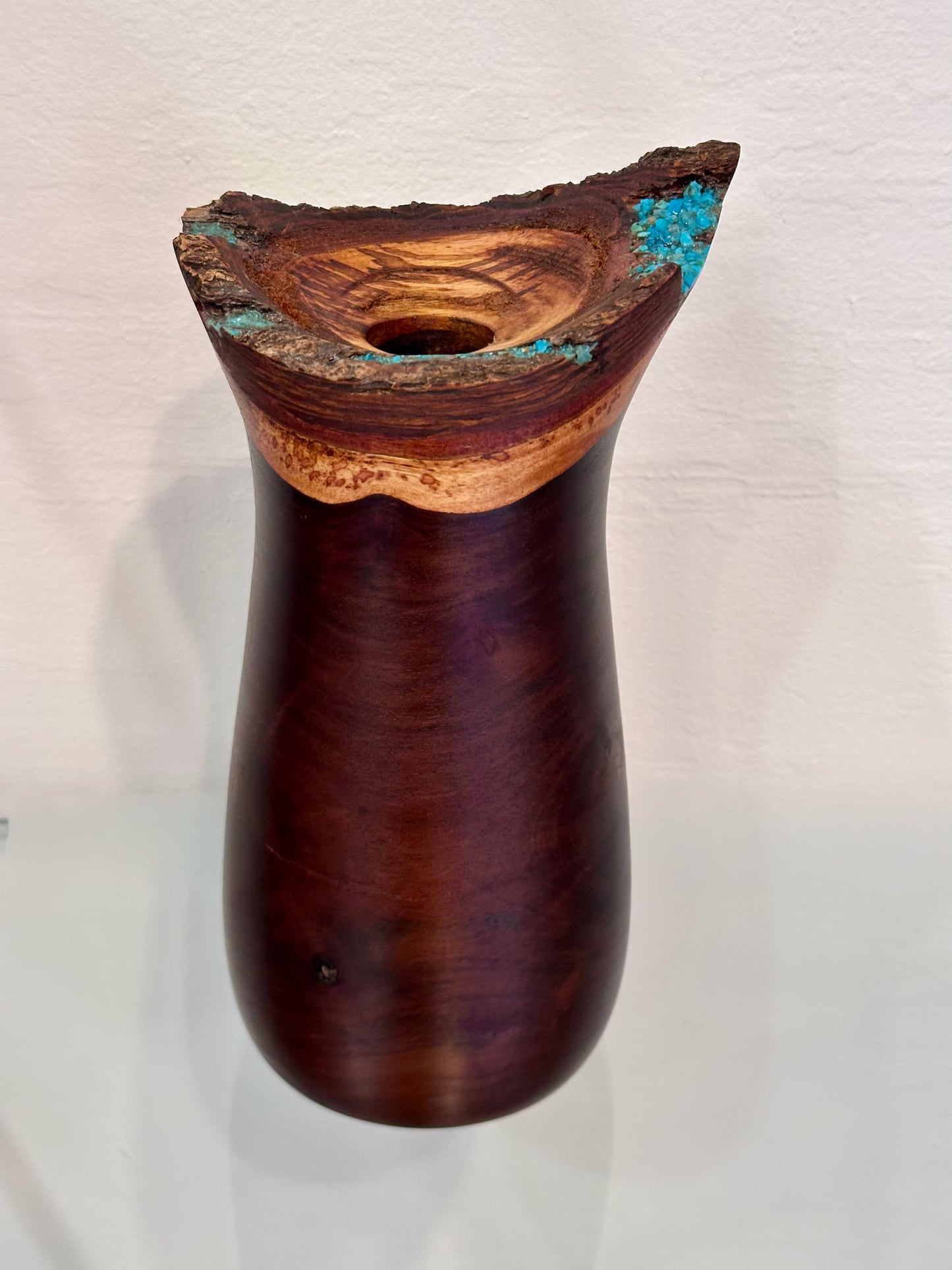 Handmade Milo Wood Vase with Turquoise Gemstone Inlay, Handmade in Hawaii