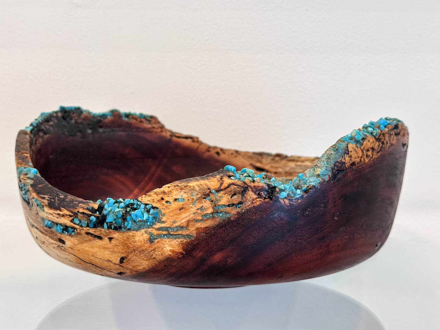 Hand-carved, natural edge Koa wood bowl with turquoise and anthracite kintsugi stone detailing, Handmade in Hawaii by Llosh Winne