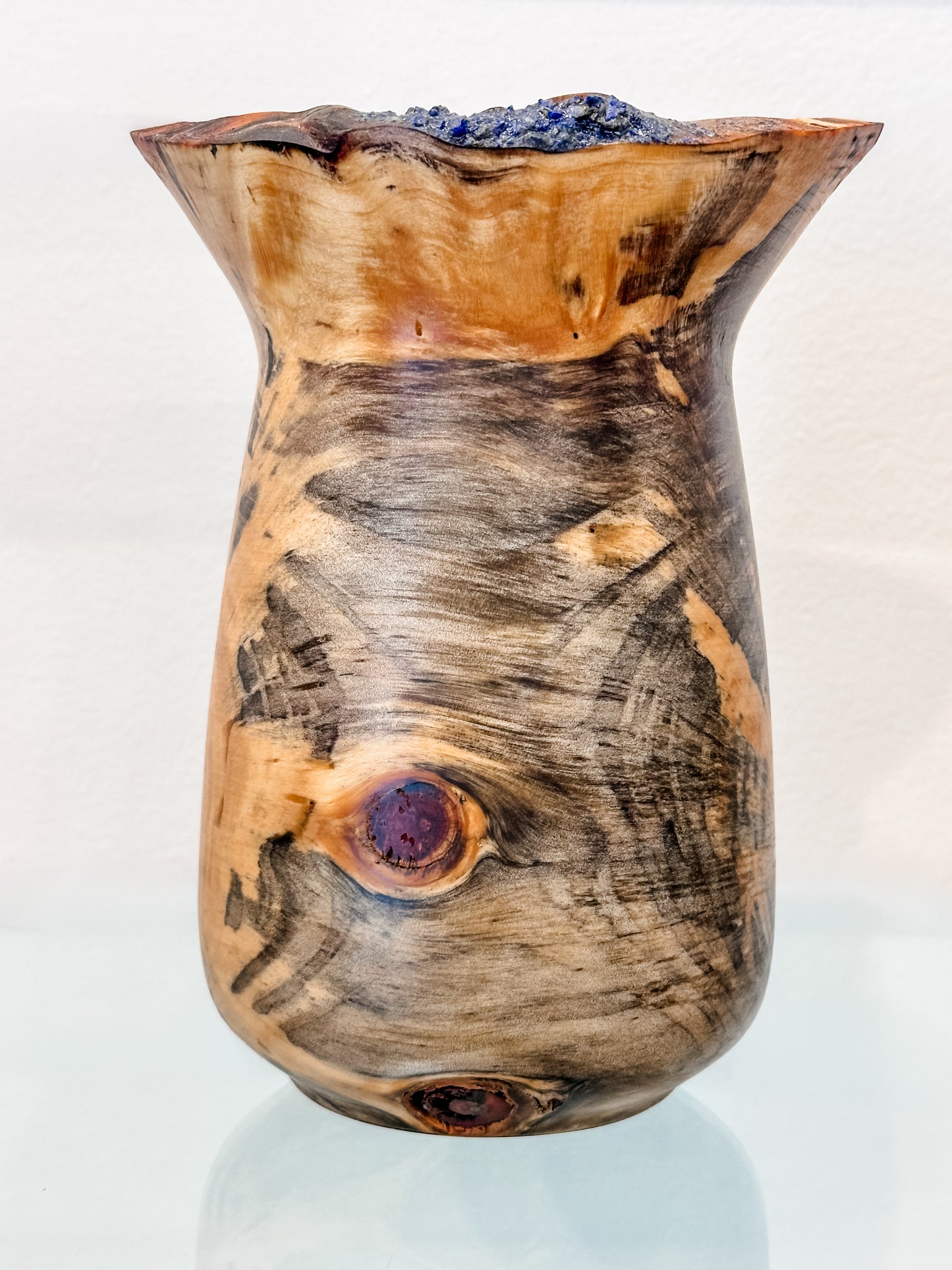 Stunning Handmade Norfolk Pine Wood Vase with Natural Edge and Lapis Lazuli Gemstone Inlay, Handmade in Hawaii