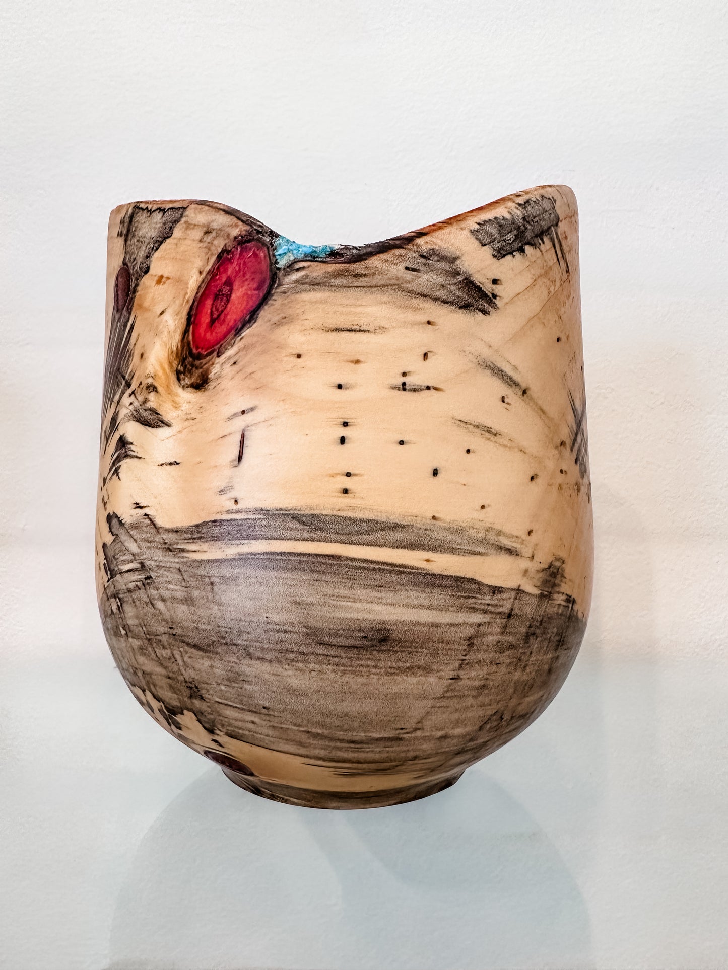 Handmade Vase-Shaped Norfolk Pine Wood Bowl with Turquoise Inlay Detail, Organic Finishes