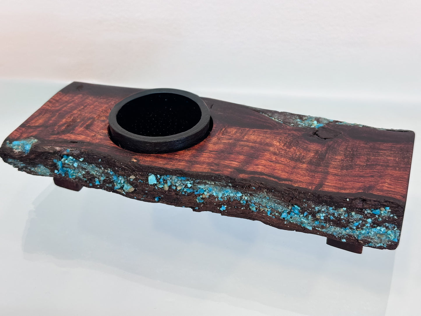 Handmade Koa Wood Ikebana (Japanese Style Vase) with Bark Inclusion and Turquoise Gemstone Inlay, Wood Ikebana, Made in Hawaii