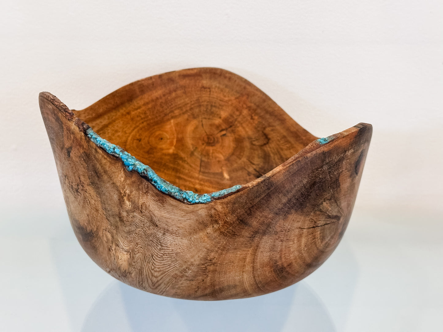 Banyan Wood Bowl, Decorated with Turquoise Gemstone Inlay, Handmade in Hawaii