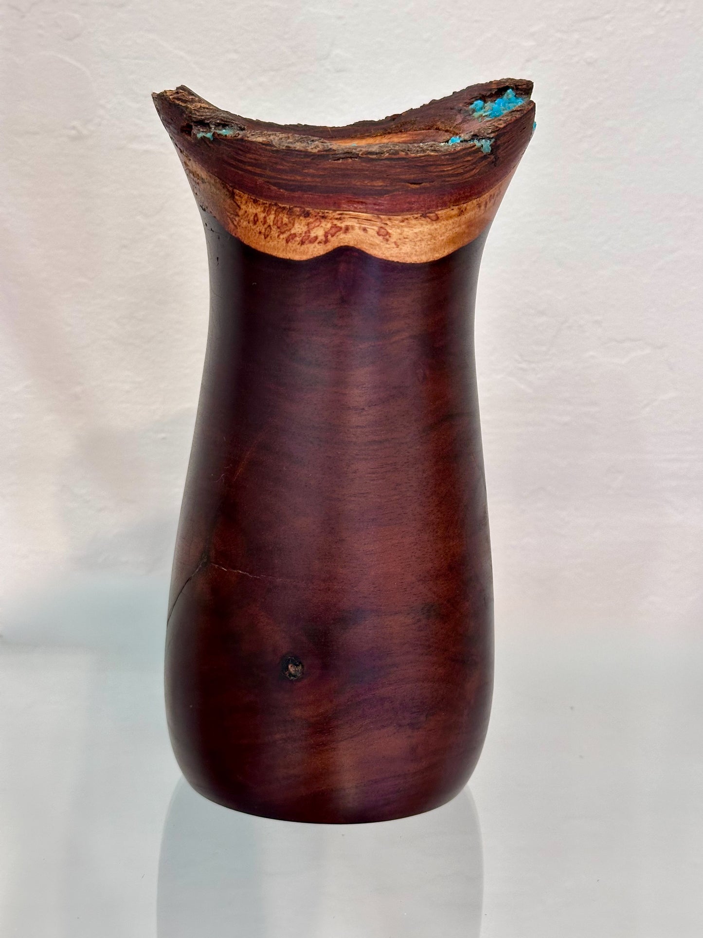 Handmade Milo Wood Vase with Turquoise Gemstone Inlay, Handmade in Hawaii