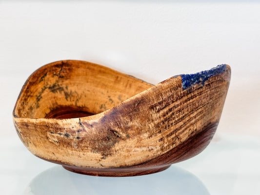 Handturned Natural Edge Earpod Wood Bowl with Lapis Lazuli, Handmade in Hawaii