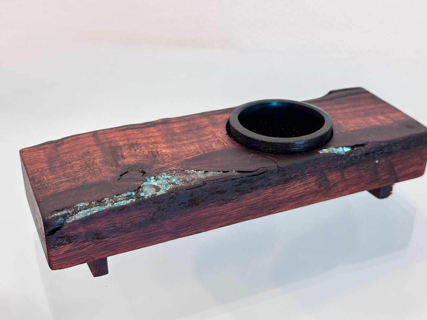 Handmade Koa Wood Ikebana (Japanese Style Vase) with Bark Inclusion and Turquoise Gemstone Inlay, Wood Ikebana, Made in Hawaii